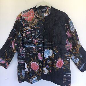 CITRON SANTA MONICA Top Jacket M Floral Crane Print Mandarin Collar Asian Artsy